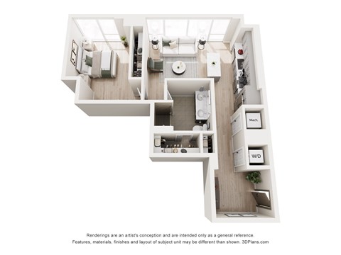 A 3D floor plan of a house with a kitchen, living room, and bathroom.